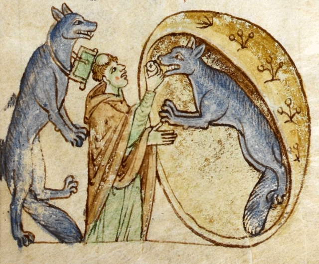Contemporary illustration of the werewolves of Ossory. Depicts a man feeding food to one werewolf as a second stands on its hind legs behind him.