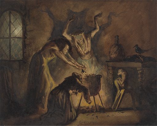 Three ghastly-looking women, a small animal sitting on a stool, and a bird perched on a table, are gathered around a cauldron. They are in a pale brownish room of sorts with a window looking out into the night. The shadow of one of the women gives off an ominous silhouette against the wall.