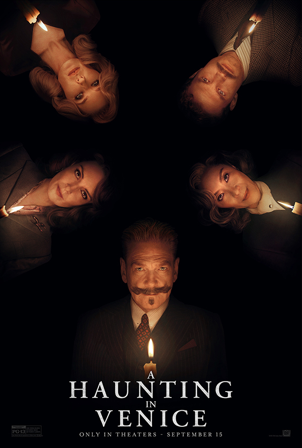 Movie poster for A Haunting in Venice with five characters arranged in a circle holding candles in  front of their faces in front of a black background.