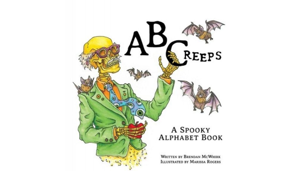 ABC Creeps book cover with a skeleton holding the C in Creeps, and bats flying around. 