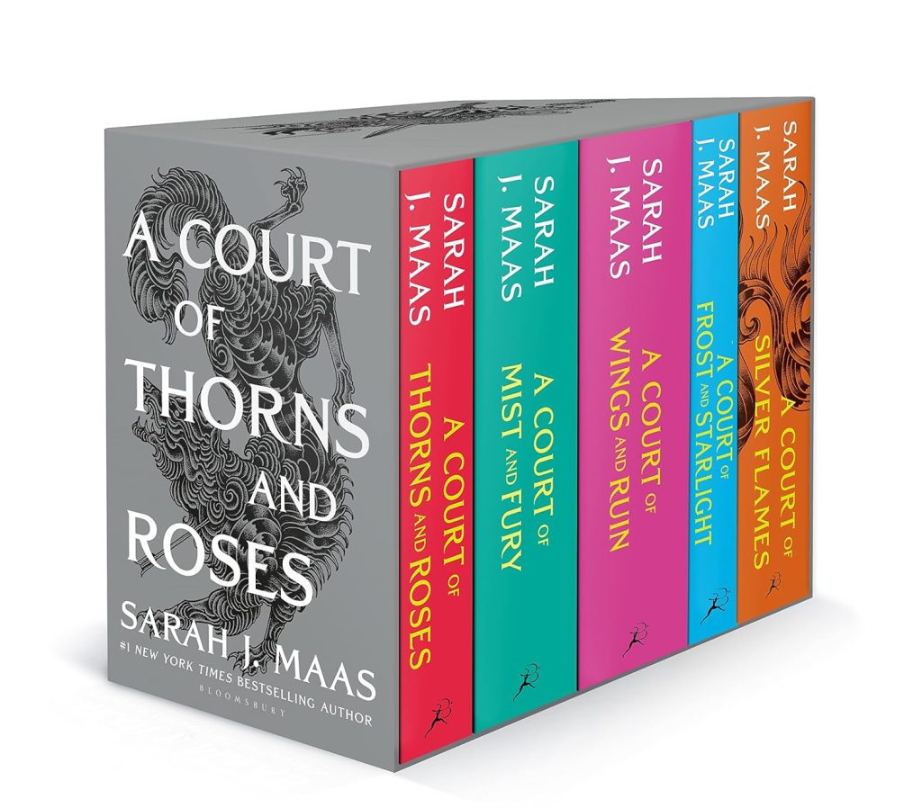 A Court of Thorns and Roses series covers with linework depicting animals.