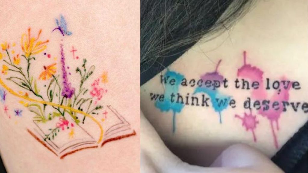 open book with colorful flowers flowing out next to words with splatters of blue, pink, and purple tattoos