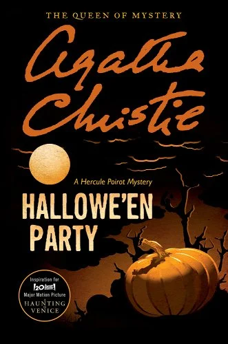 Black and orange book cover of Agatha Christie's novel Hallowe'en Party, which includes a pumpkin and a full moon in front of dark clouds.