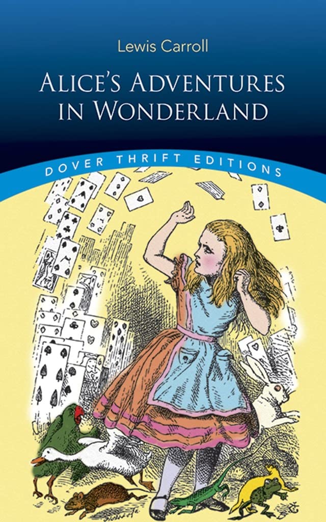 Alice in Wonderland cover with Alice dressed in a pink and orange dress covered with a blue apron. She's surrounded by playing cards and various animals. 