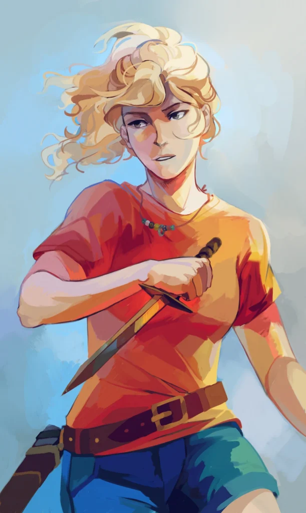 Annabeth Chase with her blonde hair in a ponytail. She's wearing an orange t-shirt and has a knife in her hand.