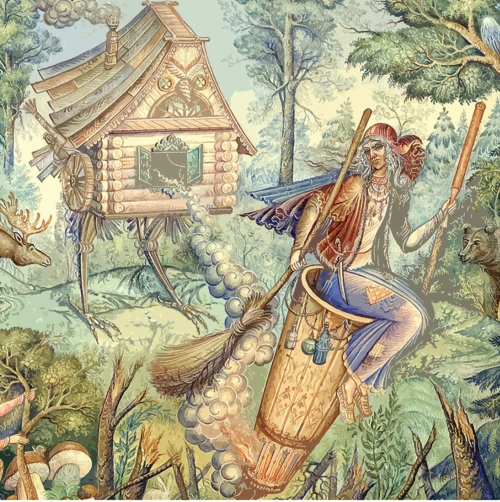 Baba Yaga in her flying mortar holding her pestle in her forest as her chicken-legged hut perches in the background.