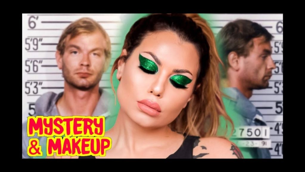 Bailey Sarian video thumbnail, Bailey with glamorous makeup surrounded by two Jeffrey Dahmer mugshots.