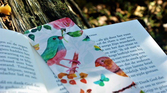 A book opened to a page with a colorful bird bookmark on top in the spine.