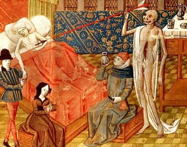 Painting from the Black Death, showing a family surrounding a loved one with the disease as a skeletal figure stands at the end of the bed.