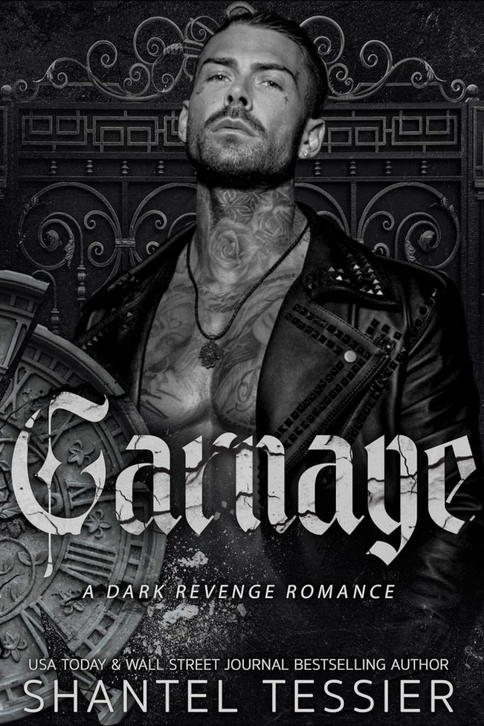 carnage by shantel tessier book cover
black and white cover with a man in a leather jacket with no shirt under, covered in tattoos staring ahead, clock in the bottom left corner
