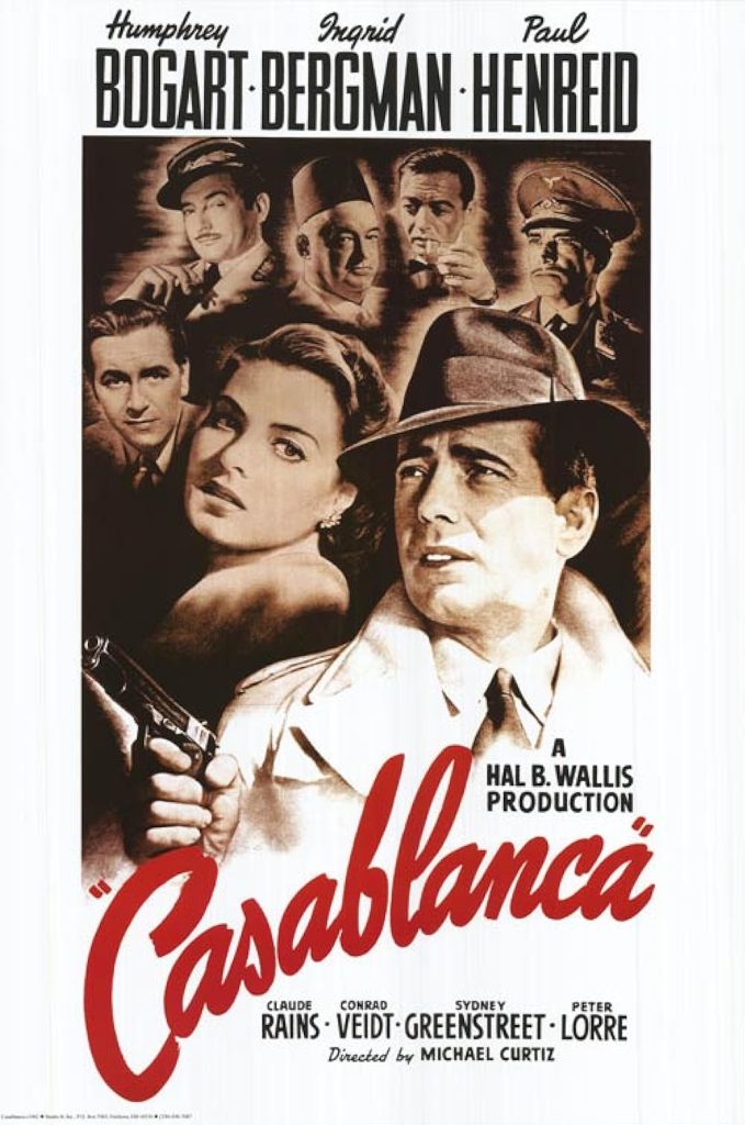 Casablanca movie poster, man in a trench coat holding a gun with a woman and five other men stood behind him.
