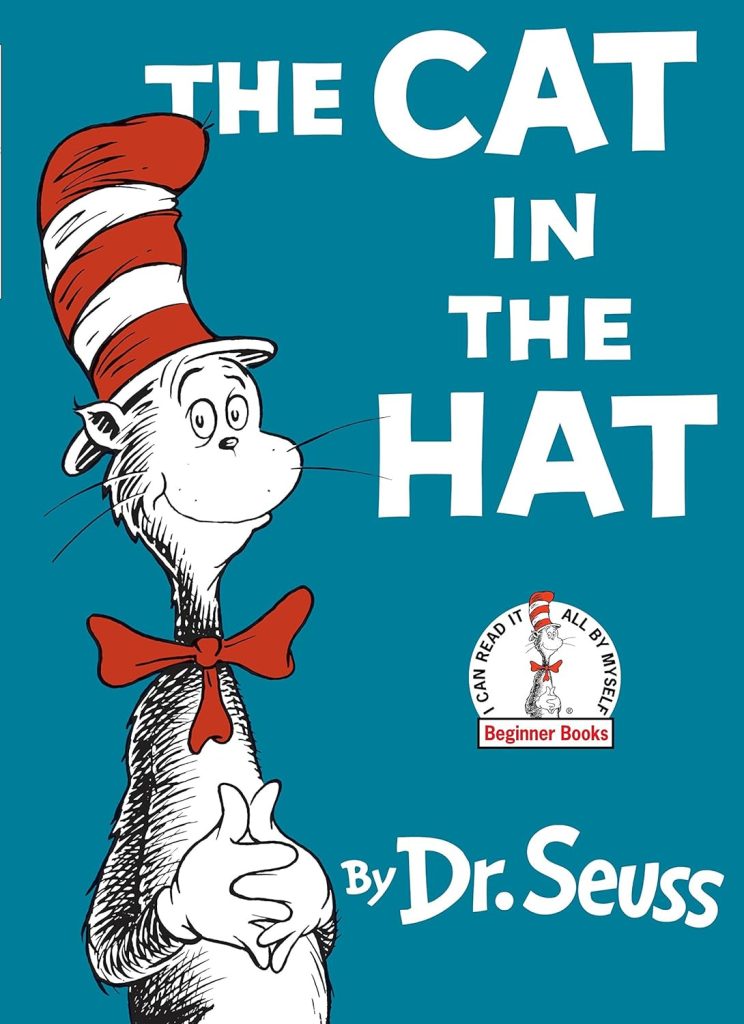 The Cat in the Hat cover with a cat in a red and white hat, with a red bowtie.