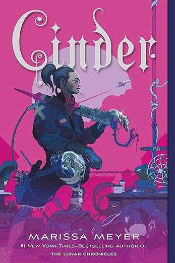 A cover of the book that is bright pink and purple with Cinder looking into the distance in a cyberpunk looking world.