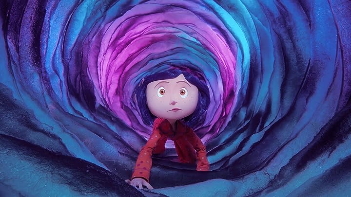 Coraline from the movie Coraline crawling through a blue and purple tunnel while wearing red pajamas.