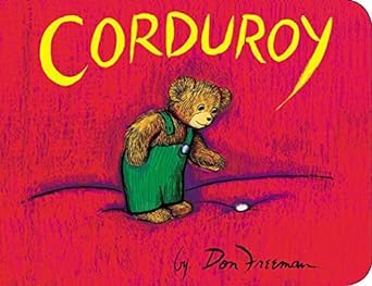 Corduroy cover with a brown teddy bear in green overalls missing one button.