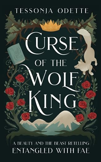 A fairytale illustration cover showing red roses, a small wolf, a book and mountains. 