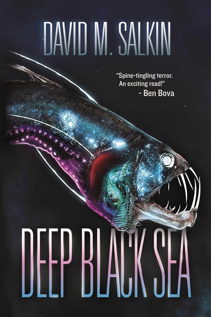 Deep Black Sea cover by David M. Salkin, long black fish with long fangs swimming. 
