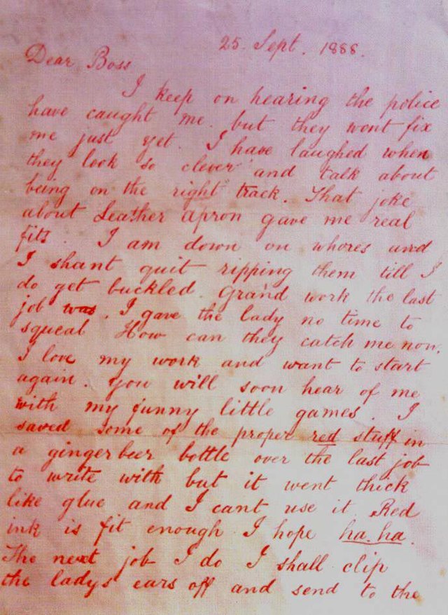 "Dear Boss" letter. Written in red ink.