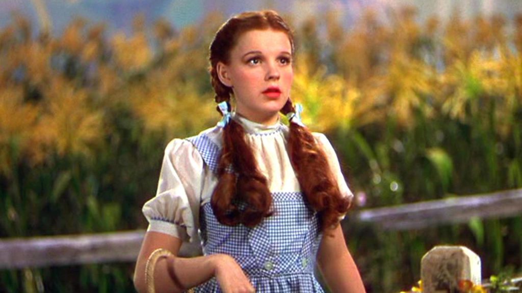Dorothy from the Wizard of Oz in a blue and white dress with braids and a basket on her arm.