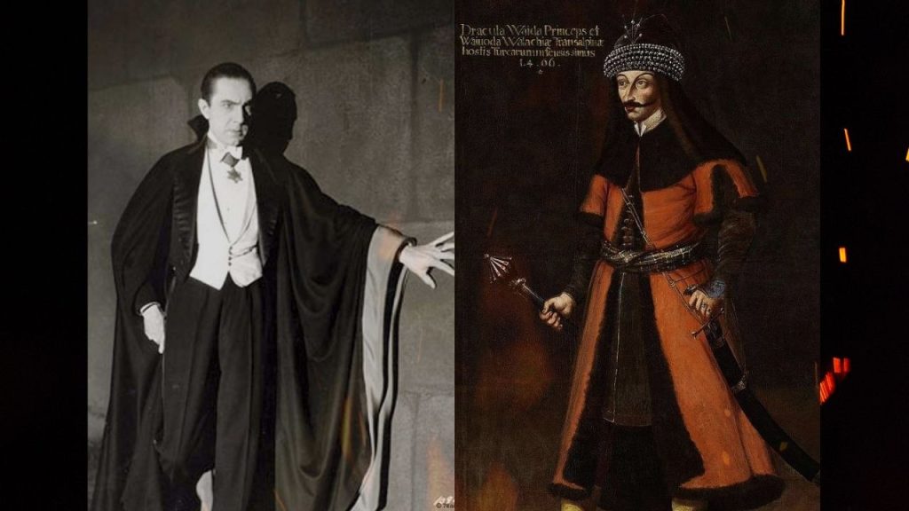 Dracula character in black and white wearing a cap and suit with slicked-back hair on the left. Vlad the Impaler dressed in a royal coat, clothing, and hat holding a scepter on the right. Both look quite looming and enigmatic.