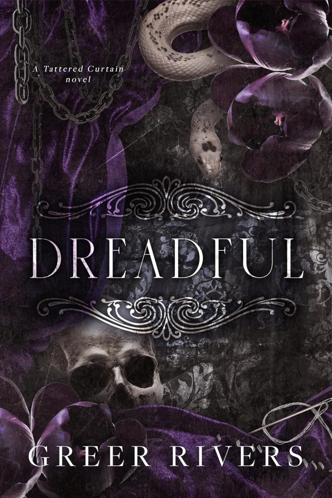 dreeadful by greer river book cover
black and white skull and snake and purple ribbon