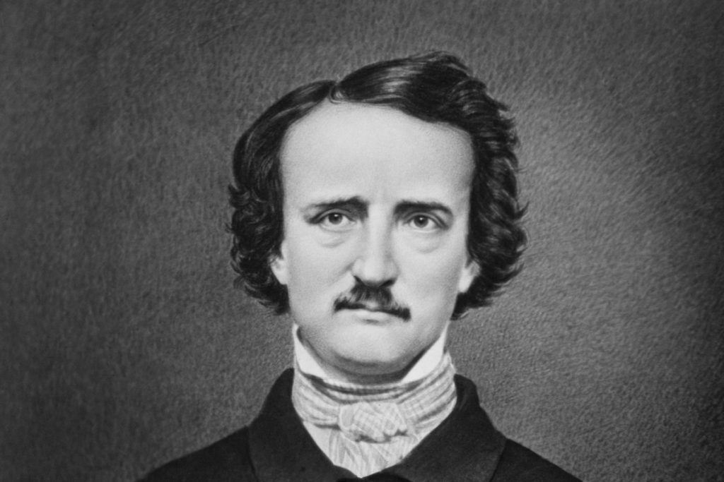 Edgar Allan Poe with a gray background and a mustache.