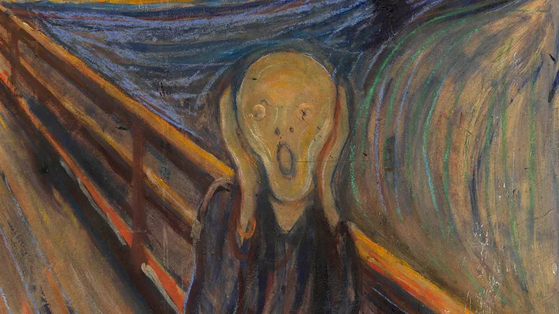 The Scream painting by Edvard Munch with a bald man screaming and railing in the background.