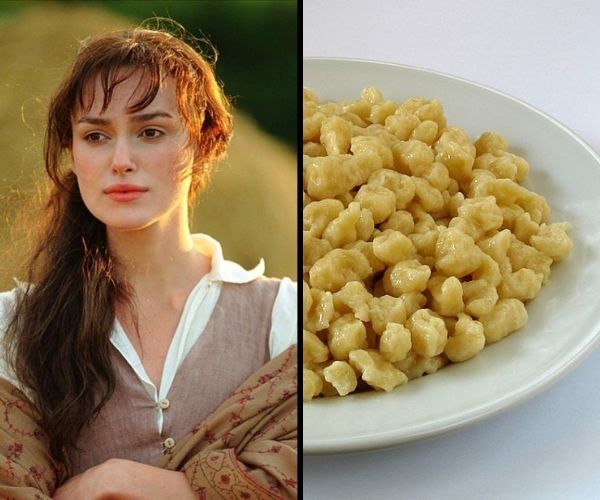 Elizabeth Bennet on the left with her brown hair pulled to the side and spätzle pasta in a white bowl on the right. 