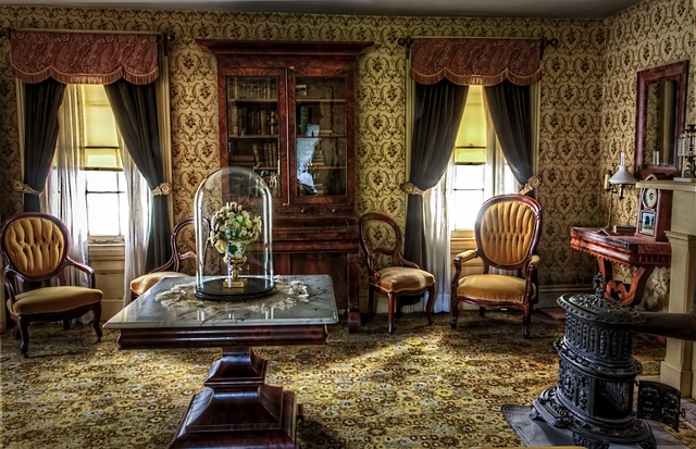 A Victorian living room with extravagant decorations and furniture. 