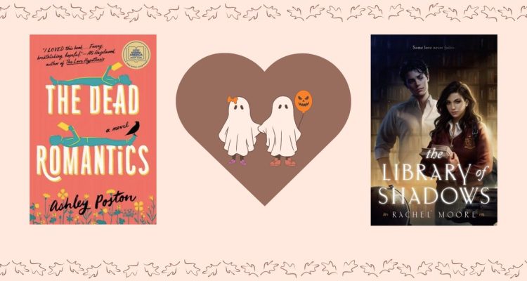 Book cover for "The Dead Romantics" by Ashley Poston and "The Library of Shadows" by Rachel Moore separated by a graphic of two ghosts holding hands inside a brown-colored heart.