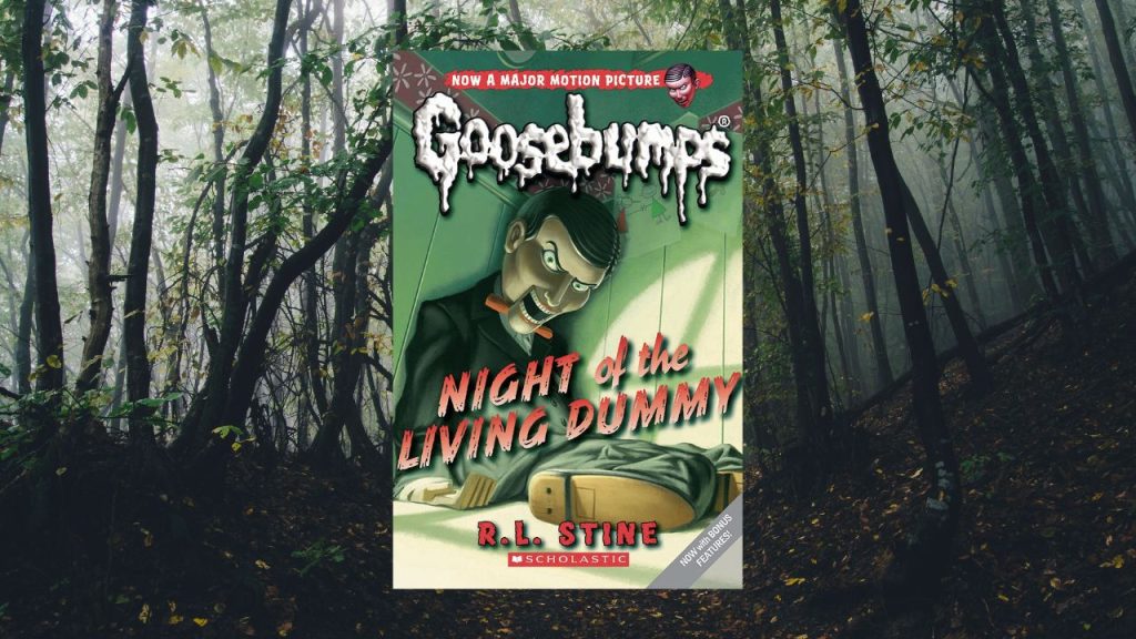 Scary wooded background with Night of the Living Dummy Cover in the middle, Cover contains a creepy ventriloquist doll looking at the reader.