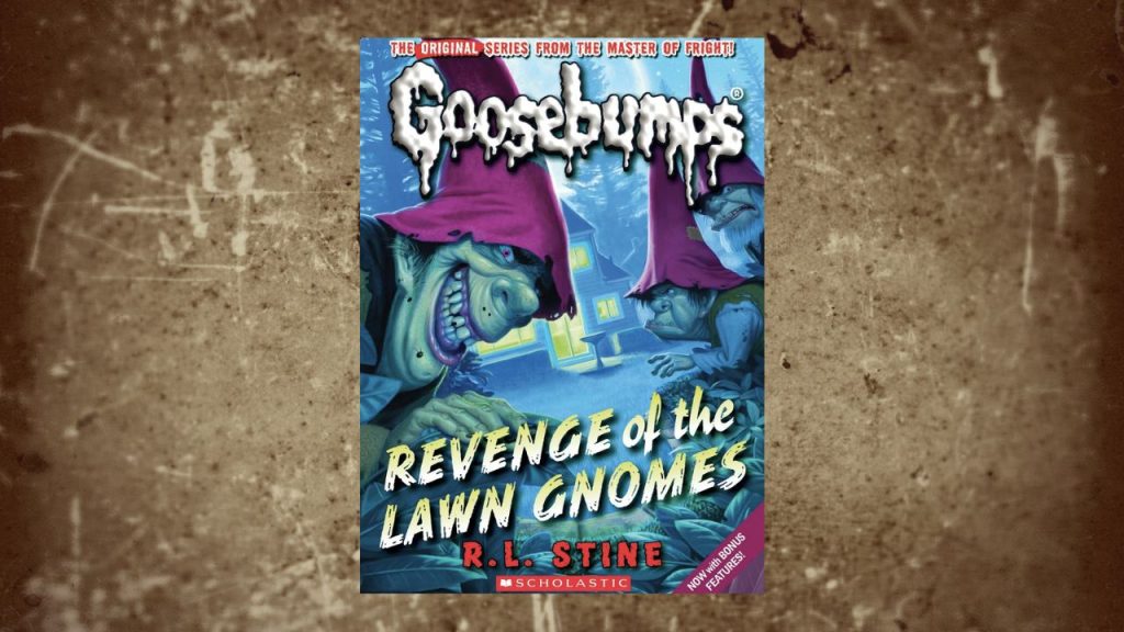 Blank Background with Revenge of the Lawn Gnomes Book Cover in Middle. Cover has two lawn gnomes creepily smiling at the reader