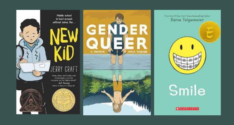 Book Covers for New Kid, Gender Queer, and Smile.