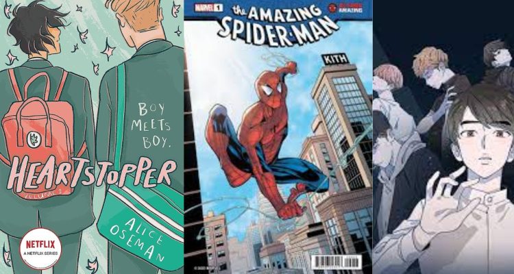 Covers of Heartstopper, an Amazing Spider-Man comic, and Save Me Webtoon