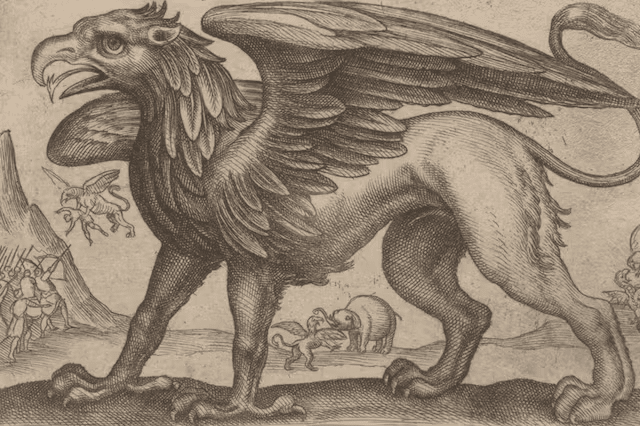 griffin, head and torso of an eagle, hind of a lion with a lion tail, sketch, with others fighting in background