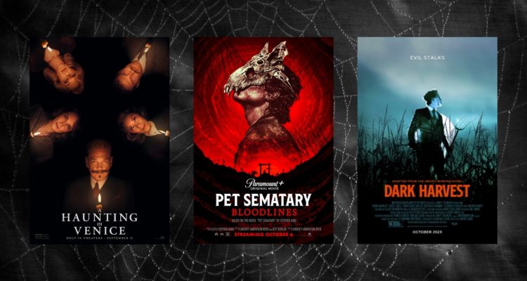 three horror movie posters against a black background with a spiderweb