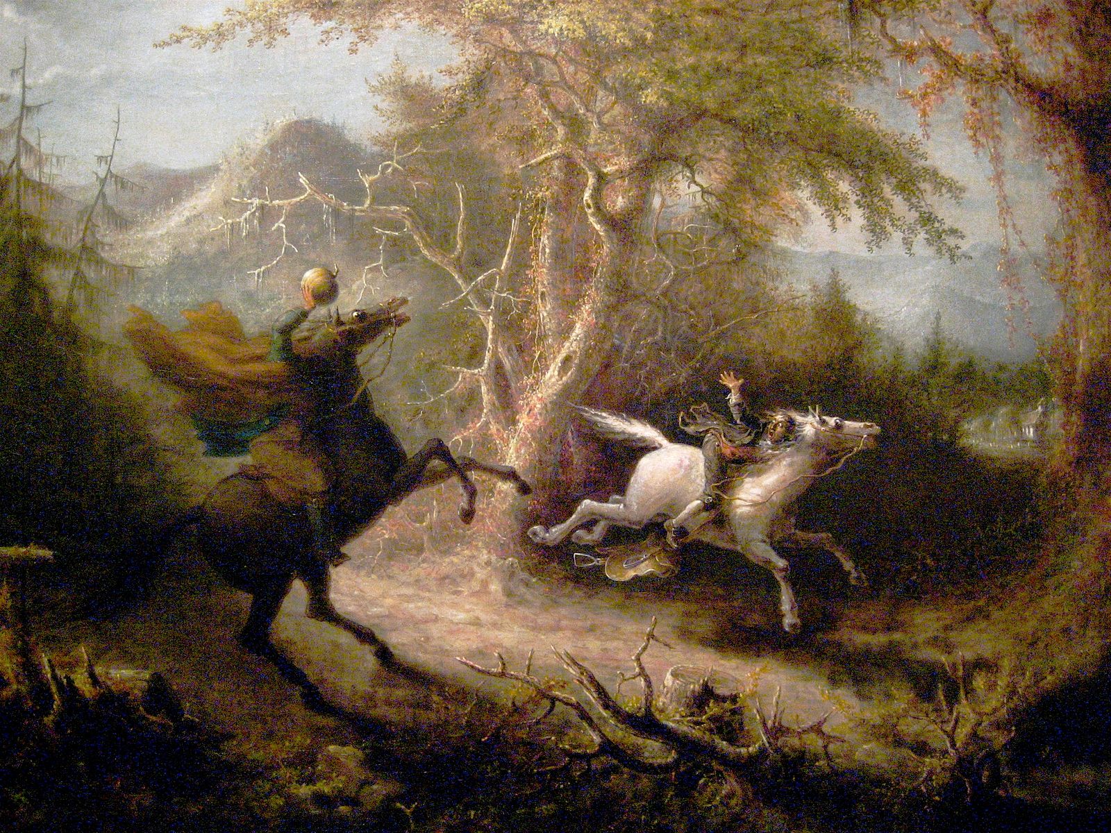 A painting of The Headless Horseman chasing Ichabod Crane