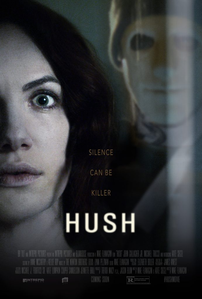 Hush movie poster, woman stands with wide eyes as a masked figure looms behind her.