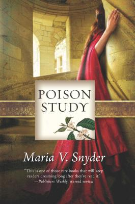 "Poison Study" by Maria V. Snyder book cover, showing a figure in red turning around a yellowed column in a stairwell.