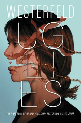 "Uglies" by Scott Westerfeld book cover, showing a female head that has been fractured into pieces as a bead necklace wraps around the fragments against a blue background in white text.