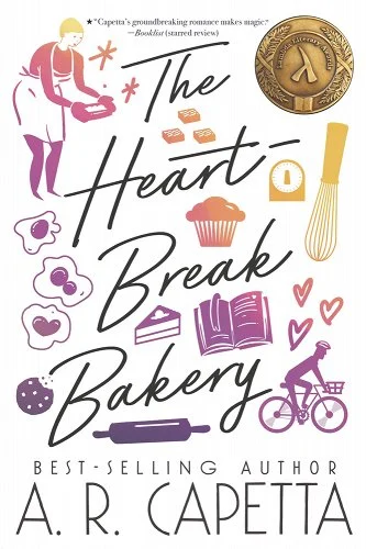 "The Heartbreak Bakery" book cover, with a baker-like figure in the top left corner and surrounded by various kitchen tools and backed goods in a yellow to purple gradient against a white background.