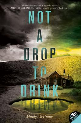 "Not A Drop to Drink" by Mindy McGinnis book cover, black and green background with a small house and a pond. 
