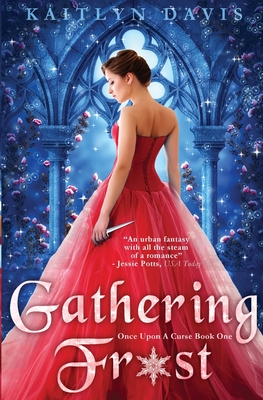 "Gathering Frost" by Kaitlyn Davis book cover, blue background with white text as a female figure in a red dress holds a dagger against a fence covered in flowers. 