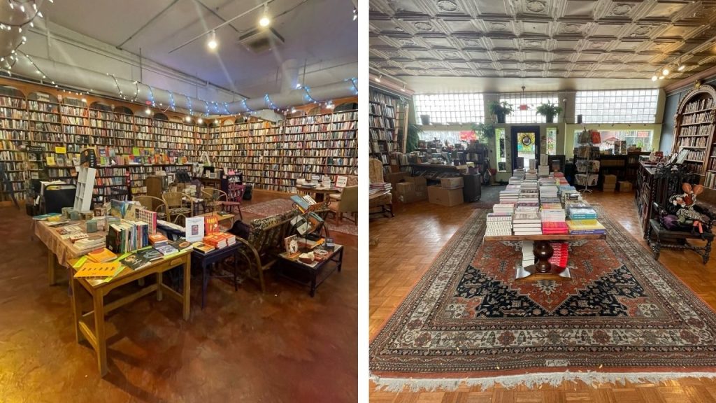 left: Loganberry Books shop center and bookshelves

Right: Loganberry Books center display table toward the front door