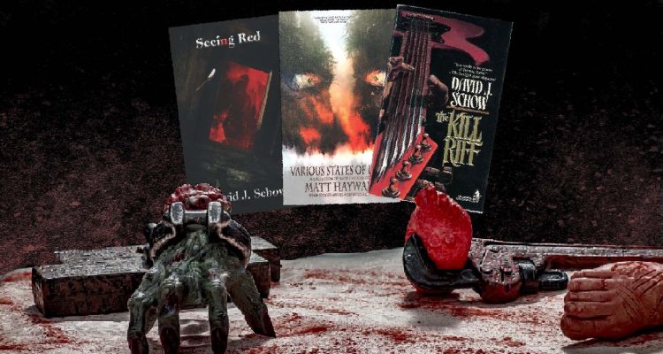 Seeing Red cover by David J. Schow, Various States of Decay cover by Matt Hayward, and The Kill Riff cover by David J. Schow surrounded by dismembered body parts and blood splatter.