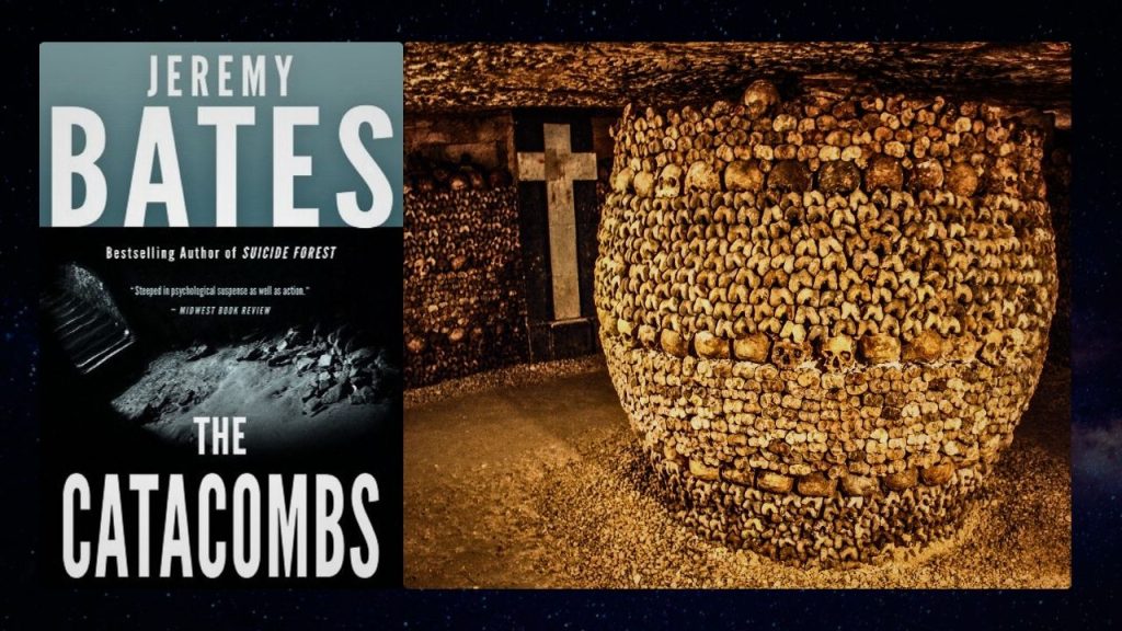 The Catacombs book cover next to the skulls