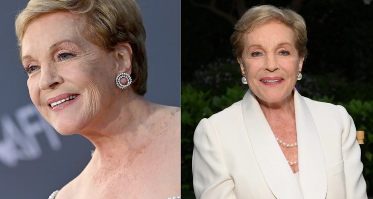 Two side by side photos of Julie Andrews: on the left, she is in a blue dress with diamond earrings; on the right she is wearing an all-white suit