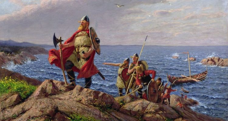 Leif Erikson standing with a battle axe and a few other voyagers and a rowboat in the background