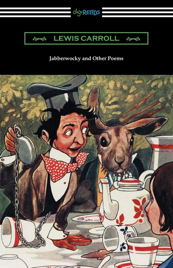 Jabberwocky and Other Poems cover by Lewis Carroll, man with pocket watch and rabbit at a tea party.