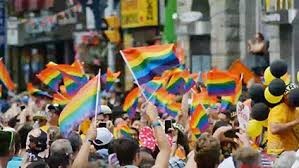 A crowd of people waving small LGBTQ+flags